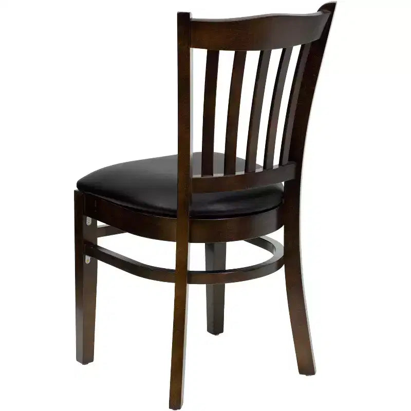 Sedia con schienale a doghe verticali, struttura in legno, seduta in vinile/legno, 1 posto