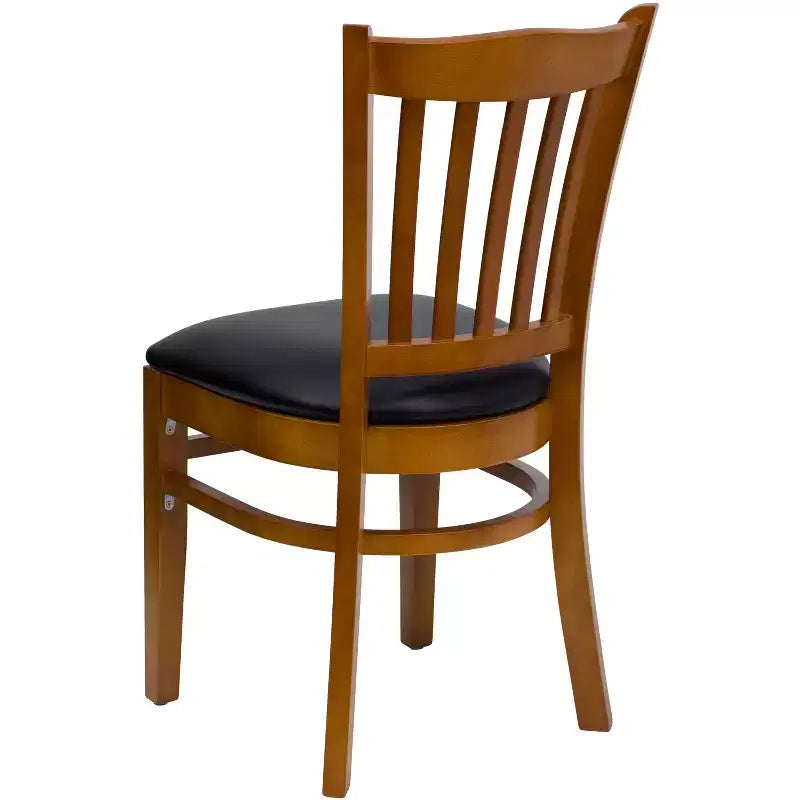 Sedia con schienale a doghe verticali, struttura in legno, seduta in vinile/legno, 1 posto