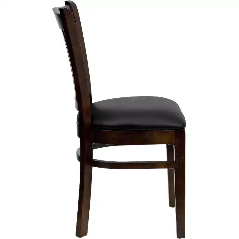 Sedia con schienale a doghe verticali, struttura in legno, seduta in vinile/legno, 1 posto
