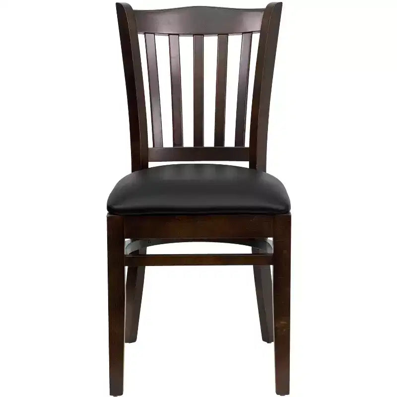 Sedia con schienale a doghe verticali, struttura in legno, seduta in vinile/legno, 1 posto