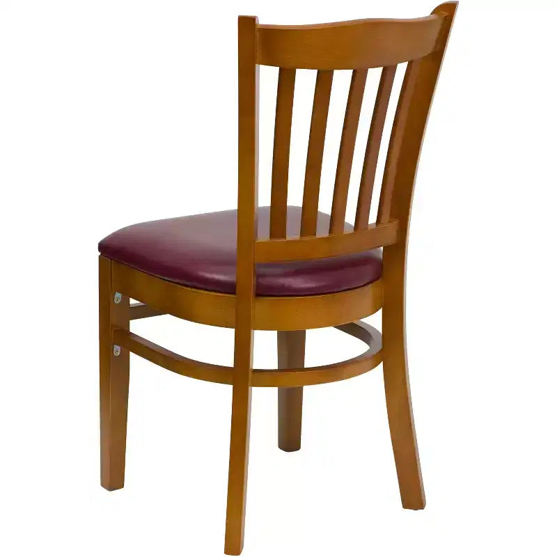 Sedia con schienale a doghe verticali, struttura in legno, seduta in vinile/legno, 1 posto