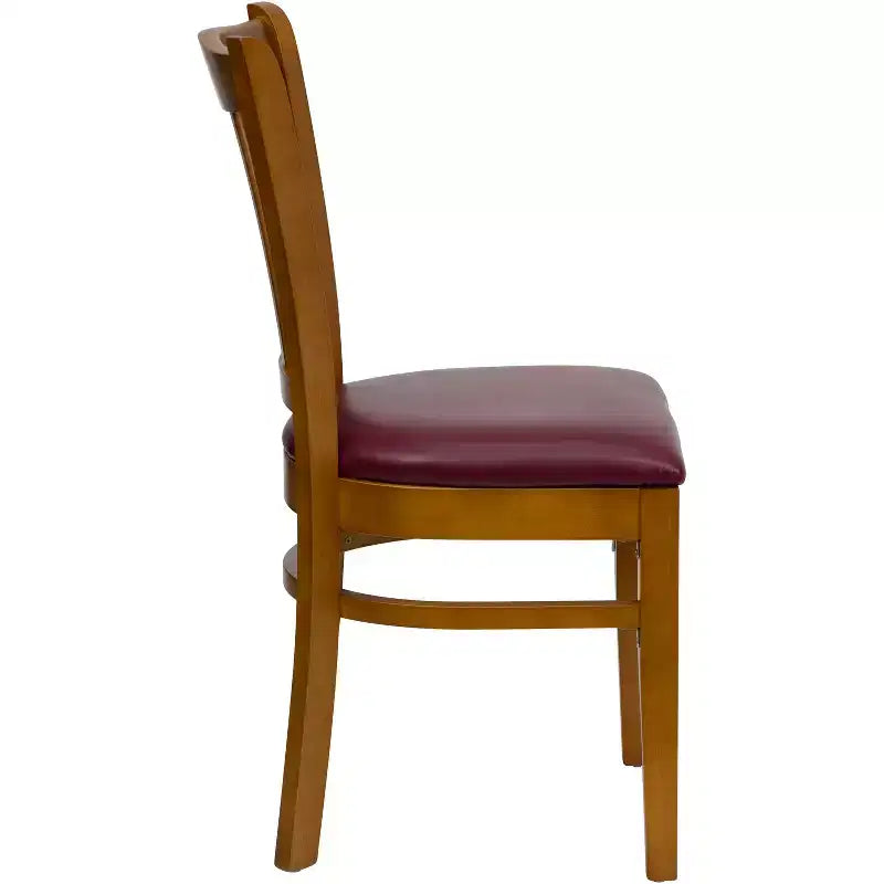 Sedia con schienale a doghe verticali, struttura in legno, seduta in vinile/legno, 1 posto