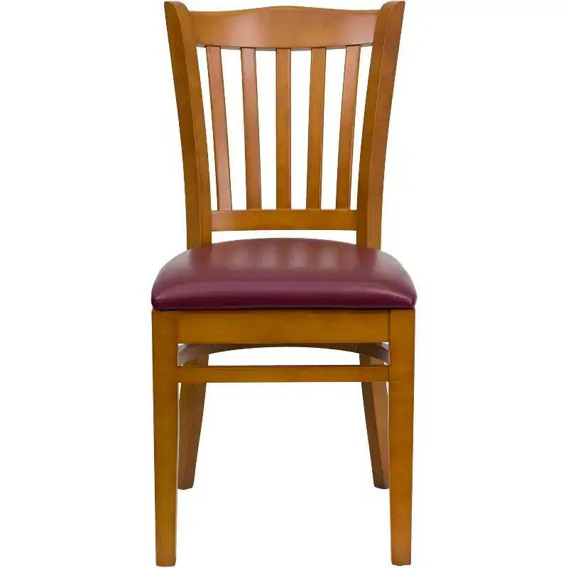 Sedia con schienale a doghe verticali, struttura in legno, seduta in vinile/legno, 1 posto