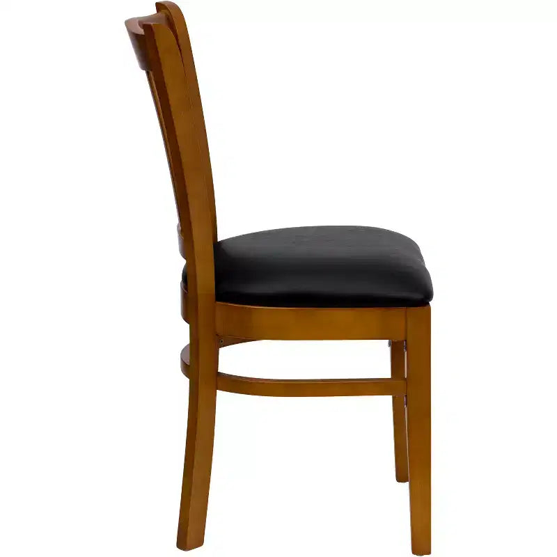 Sedia con schienale a doghe verticali, struttura in legno, seduta in vinile/legno, 1 posto