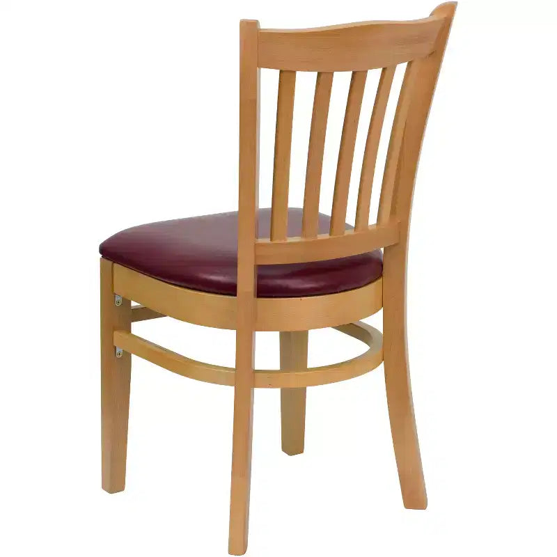 Sedia con schienale a doghe verticali, struttura in legno, seduta in vinile/legno, 1 posto