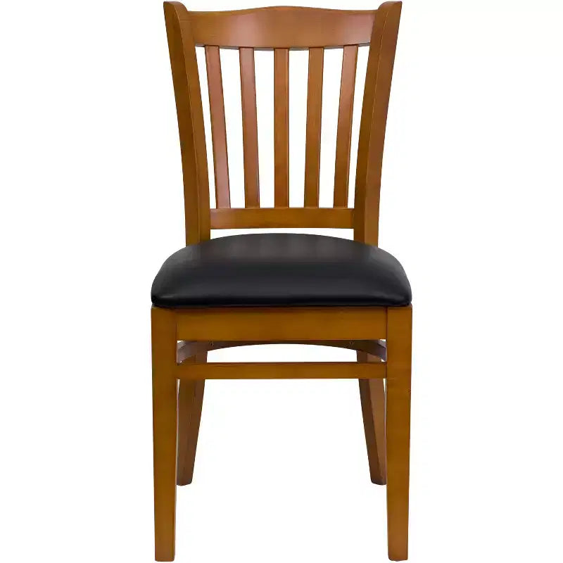 Sedia con schienale a doghe verticali, struttura in legno, seduta in vinile/legno, 1 posto
