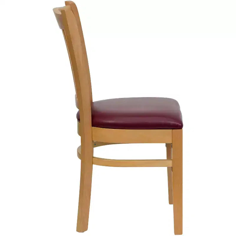 Sedia con schienale a doghe verticali, struttura in legno, seduta in vinile/legno, 1 posto