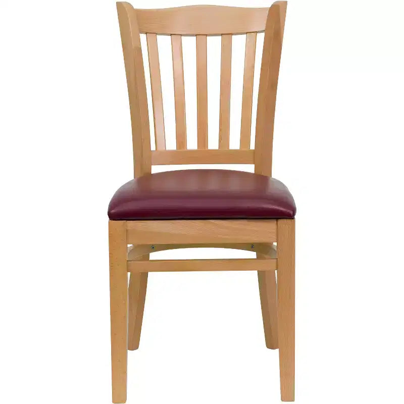 Sedia con schienale a doghe verticali, struttura in legno, seduta in vinile/legno, 1 posto
