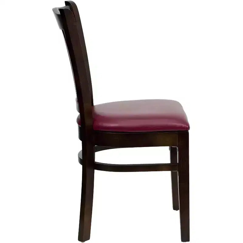 Sedia con schienale a doghe verticali, struttura in legno, seduta in vinile/legno, 1 posto
