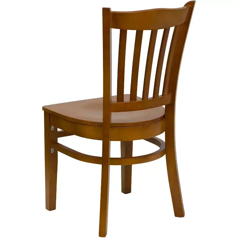 Sedia con schienale a doghe verticali, struttura in legno, seduta in vinile/legno, 1 posto