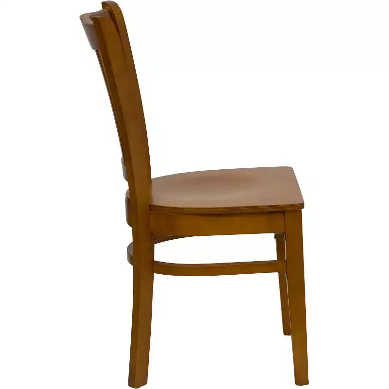 Sedia con schienale a doghe verticali, struttura in legno, seduta in vinile/legno, 1 posto