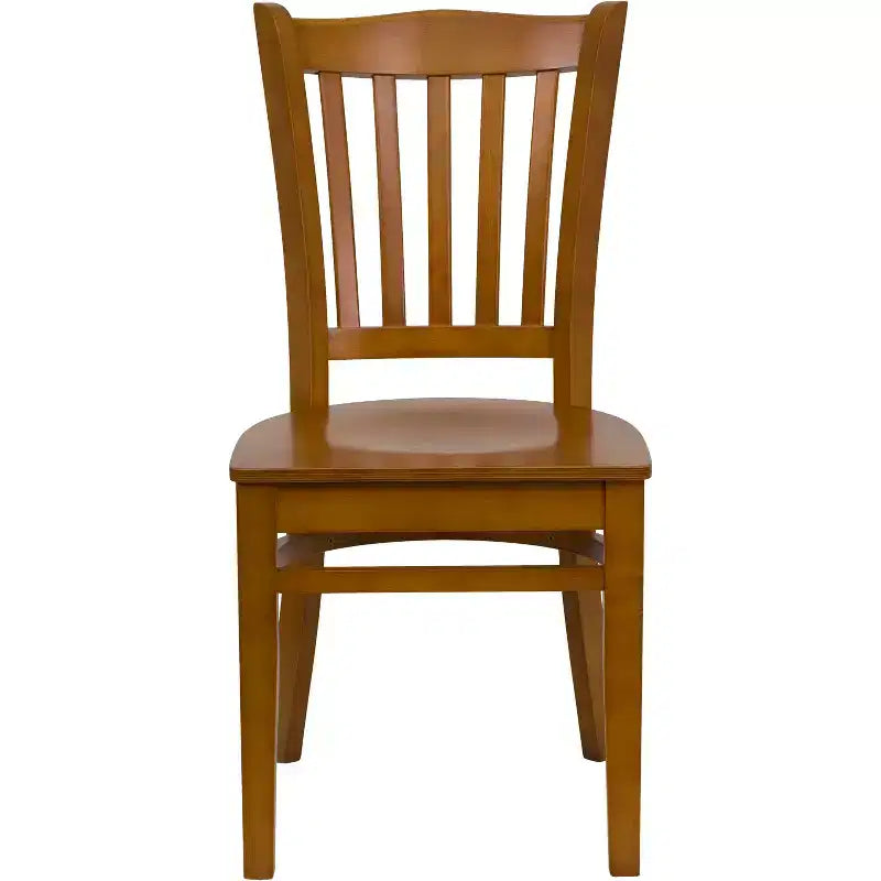 Sedia con schienale a doghe verticali, struttura in legno, seduta in vinile/legno, 1 posto