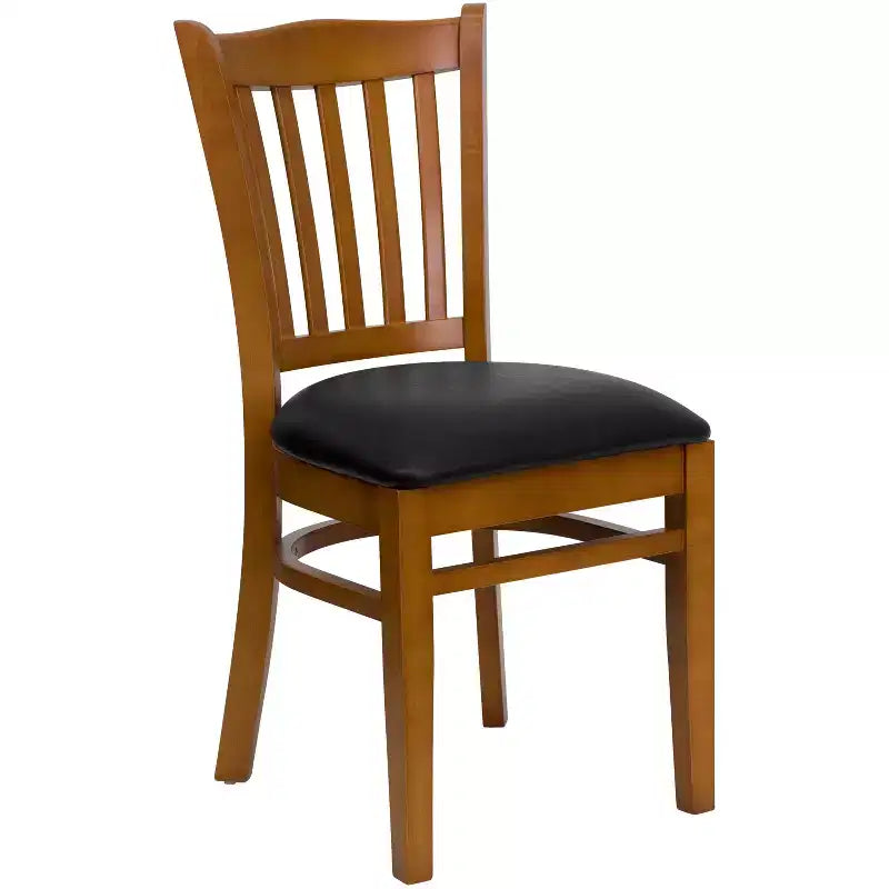 Sedia con schienale a doghe verticali, struttura in legno, seduta in vinile/legno, 1 posto
