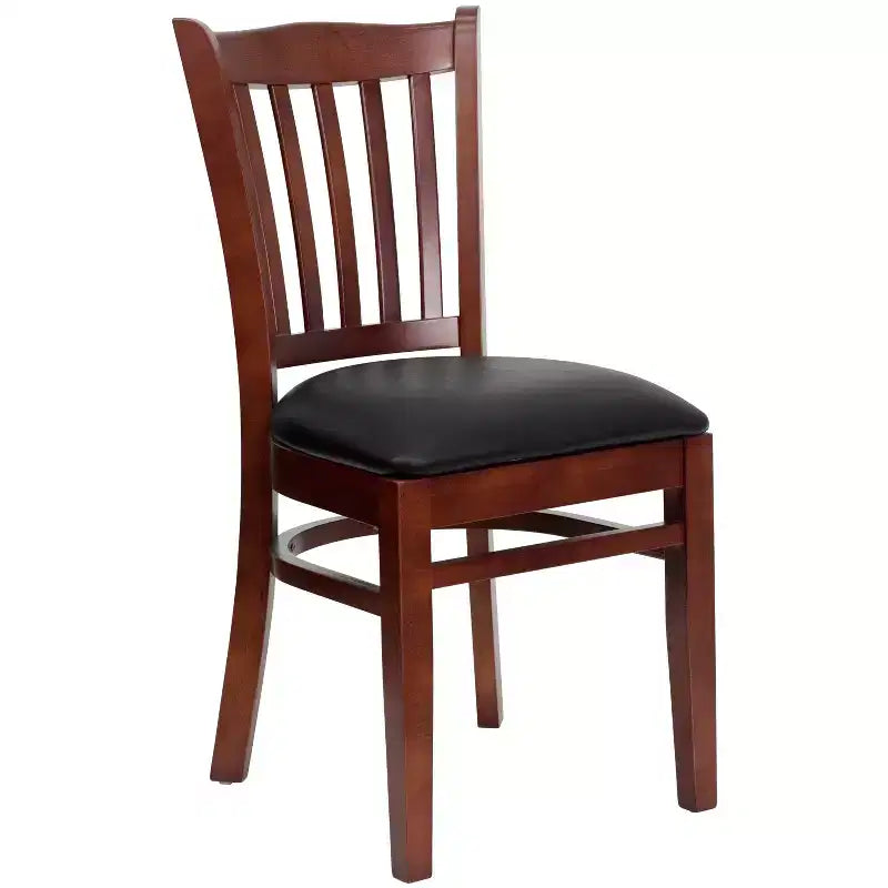 Sedia con schienale a doghe verticali, struttura in legno, seduta in vinile/legno, 1 posto