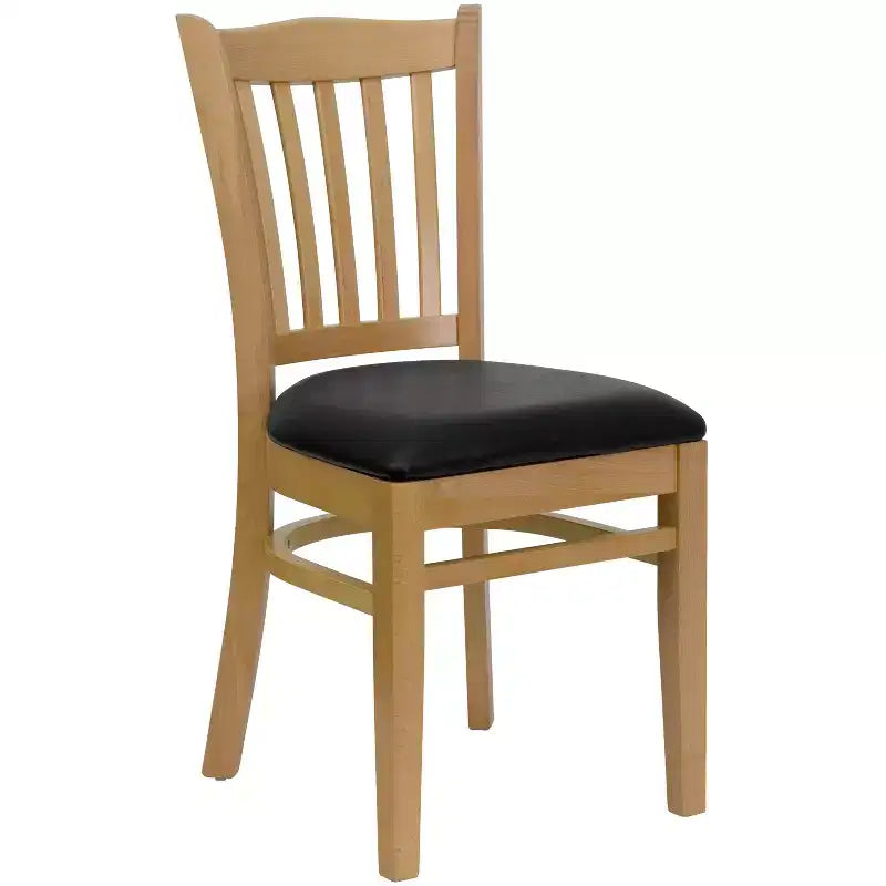 Sedia con schienale a doghe verticali, struttura in legno, seduta in vinile/legno, 1 posto