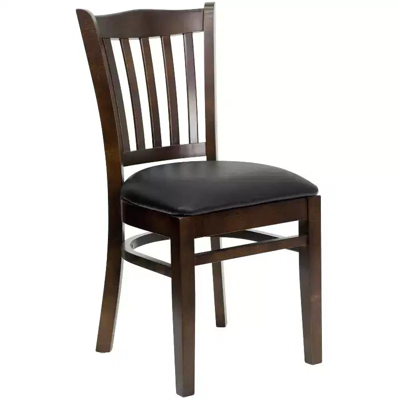 Sedia con schienale a doghe verticali, struttura in legno, seduta in vinile/legno, 1 posto