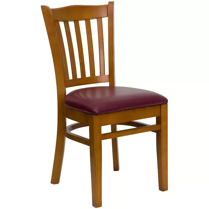 Sedia con schienale a doghe verticali, struttura in legno, seduta in vinile/legno, 1 posto