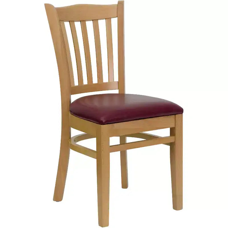 Sedia con schienale a doghe verticali, struttura in legno, seduta in vinile/legno, 1 posto