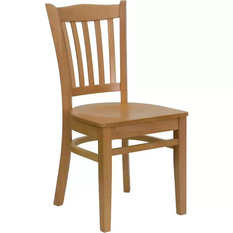 Sedia con schienale a doghe verticali, struttura in legno, seduta in vinile/legno, 1 posto