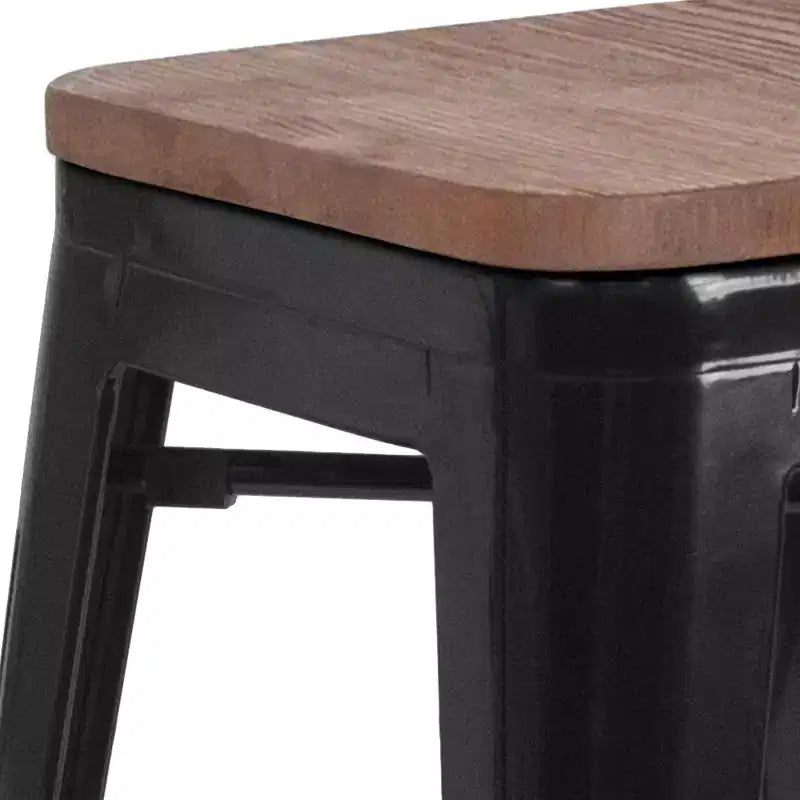 Sgabello da bar in metallo senza schienale da 30" con sedile quadrato in legno di noce, struttura nera, 1 posto