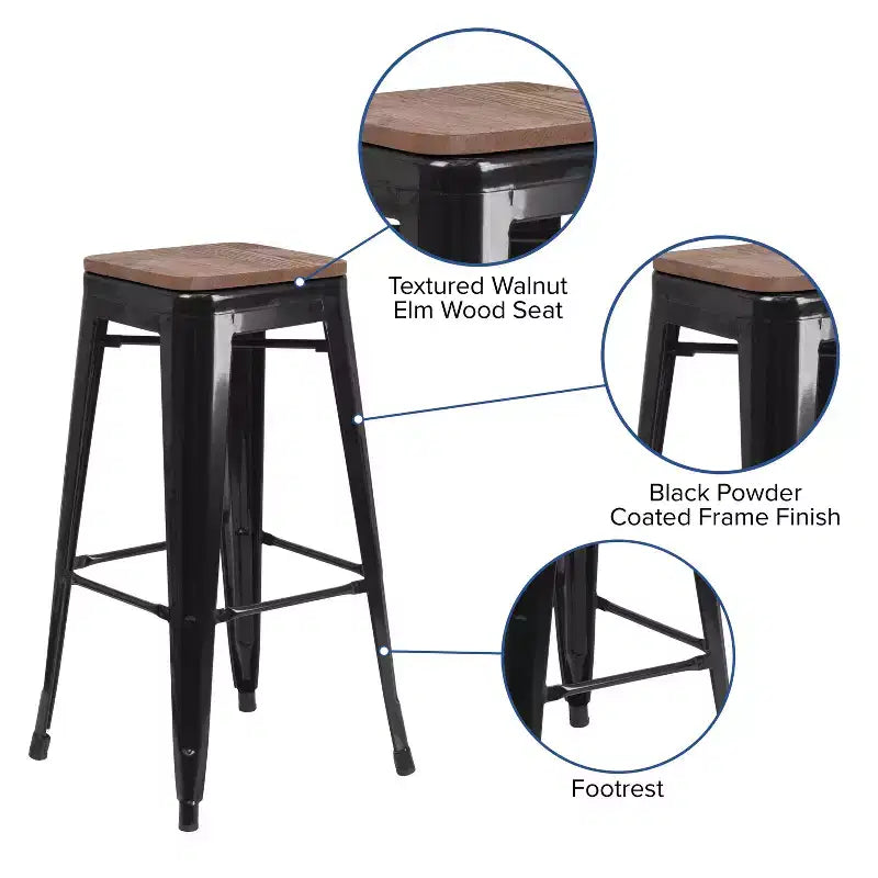 Sgabello da bar in metallo senza schienale da 30" con sedile quadrato in legno di noce, struttura nera, 1 posto