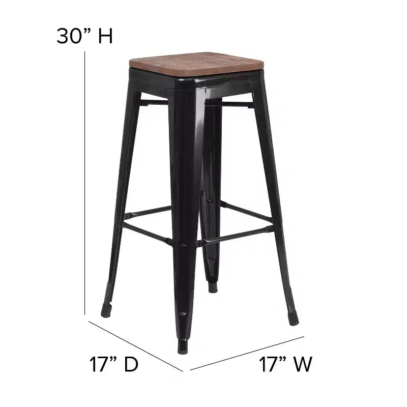 Sgabello da bar in metallo senza schienale da 30" con sedile quadrato in legno di noce, struttura nera, 1 posto