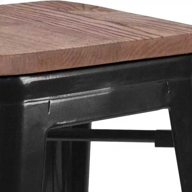 Sgabello da bar in metallo senza schienale da 30" con sedile quadrato in legno di noce, struttura nera, 1 posto