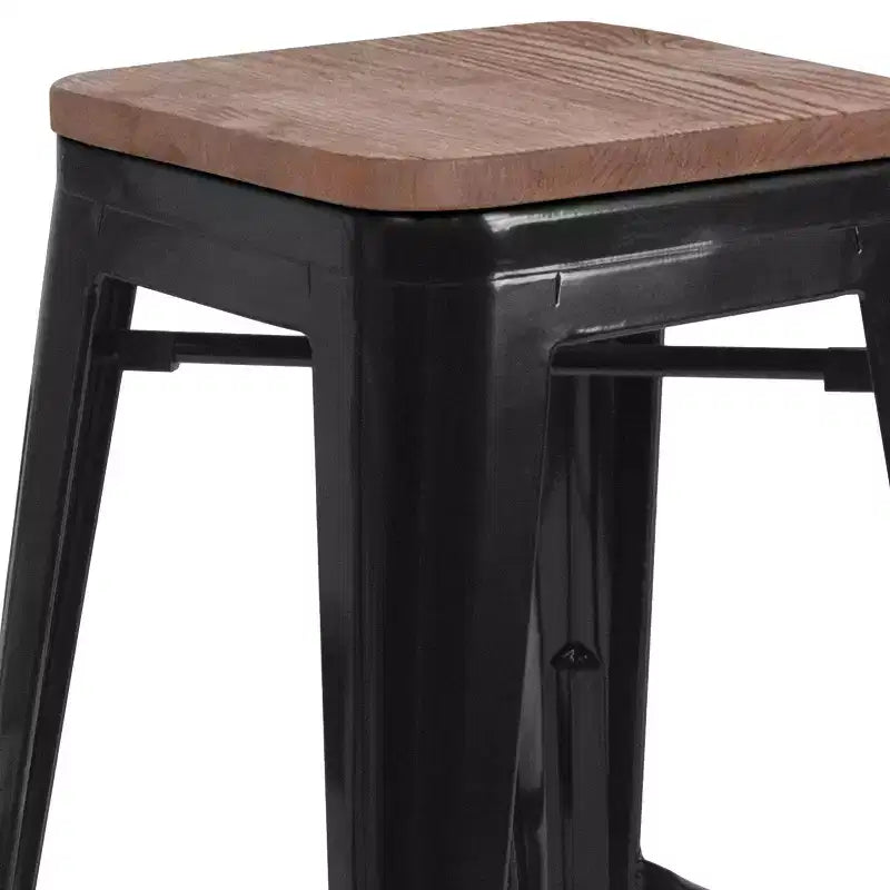 Sgabello da bar in metallo senza schienale da 30" con sedile quadrato in legno di noce, struttura nera, 1 posto