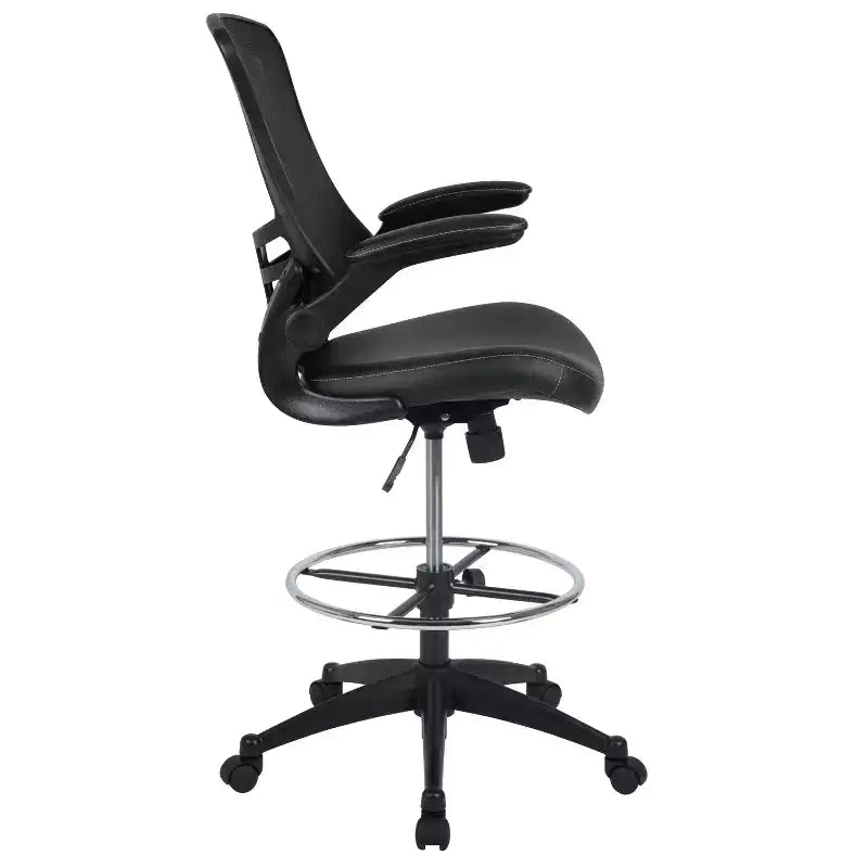 Sedia ergonomica da disegno con schienale medio in rete/Leathersoft, anello poggiapiedi e braccioli ribaltabili, Nero/Blu/Grigio/Rosso/Bianco, 1 posto
