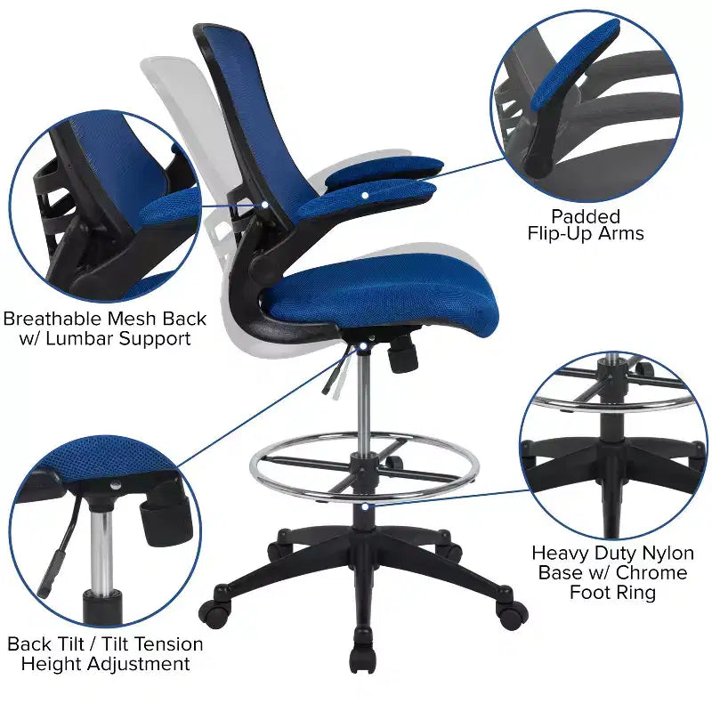 Sedia ergonomica da disegno con schienale medio in rete/Leathersoft, anello poggiapiedi e braccioli ribaltabili, Nero/Blu/Grigio/Rosso/Bianco, 1 posto