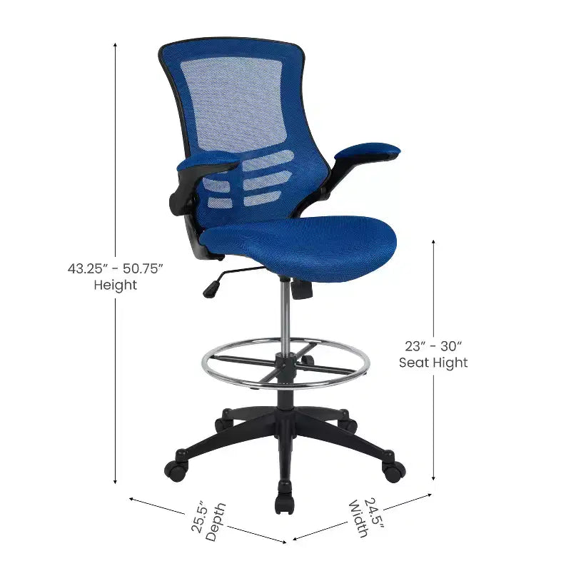Sedia ergonomica da disegno con schienale medio in rete/Leathersoft, anello poggiapiedi e braccioli ribaltabili, Nero/Blu/Grigio/Rosso/Bianco, 1 posto