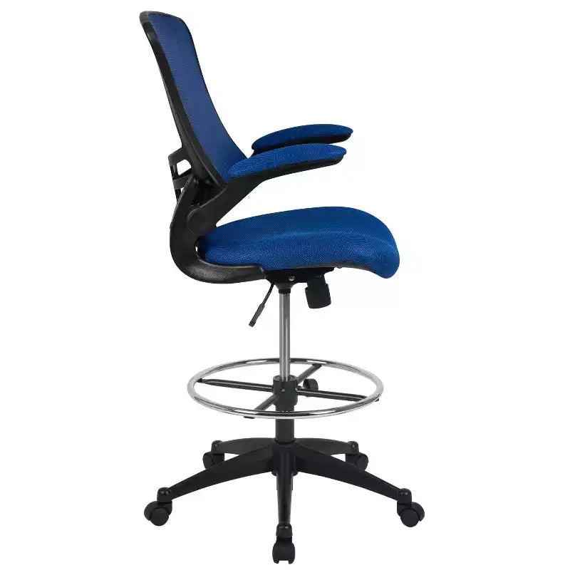 Sedia ergonomica da disegno con schienale medio in rete/Leathersoft, anello poggiapiedi e braccioli ribaltabili, Nero/Blu/Grigio/Rosso/Bianco, 1 posto