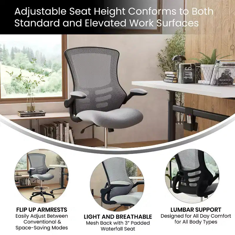 Sedia ergonomica da disegno con schienale medio in rete/Leathersoft, anello poggiapiedi e braccioli ribaltabili, Nero/Blu/Grigio/Rosso/Bianco, 1 posto