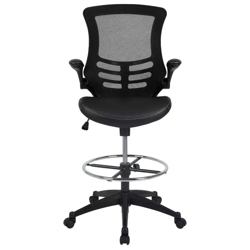 Sedia ergonomica da disegno con schienale medio in rete/Leathersoft, anello poggiapiedi e braccioli ribaltabili, Nero/Blu/Grigio/Rosso/Bianco, 1 posto