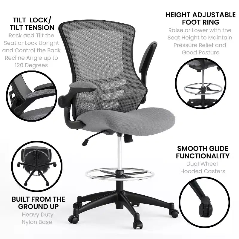 Sedia ergonomica da disegno con schienale medio in rete/Leathersoft, anello poggiapiedi e braccioli ribaltabili, Nero/Blu/Grigio/Rosso/Bianco, 1 posto
