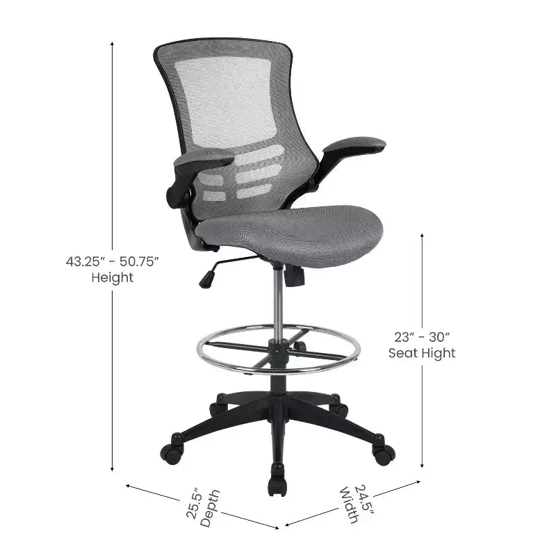 Sedia ergonomica da disegno con schienale medio in rete/Leathersoft, anello poggiapiedi e braccioli ribaltabili, Nero/Blu/Grigio/Rosso/Bianco, 1 posto