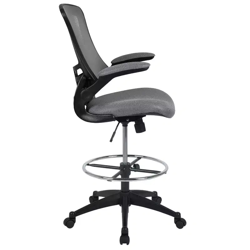 Sedia ergonomica da disegno con schienale medio in rete/Leathersoft, anello poggiapiedi e braccioli ribaltabili, Nero/Blu/Grigio/Rosso/Bianco, 1 posto