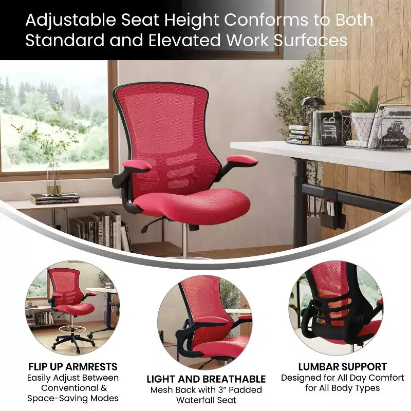Sedia ergonomica da disegno con schienale medio in rete/Leathersoft, anello poggiapiedi e braccioli ribaltabili, Nero/Blu/Grigio/Rosso/Bianco, 1 posto