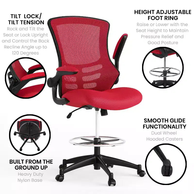 Sedia ergonomica da disegno con schienale medio in rete/Leathersoft, anello poggiapiedi e braccioli ribaltabili, Nero/Blu/Grigio/Rosso/Bianco, 1 posto