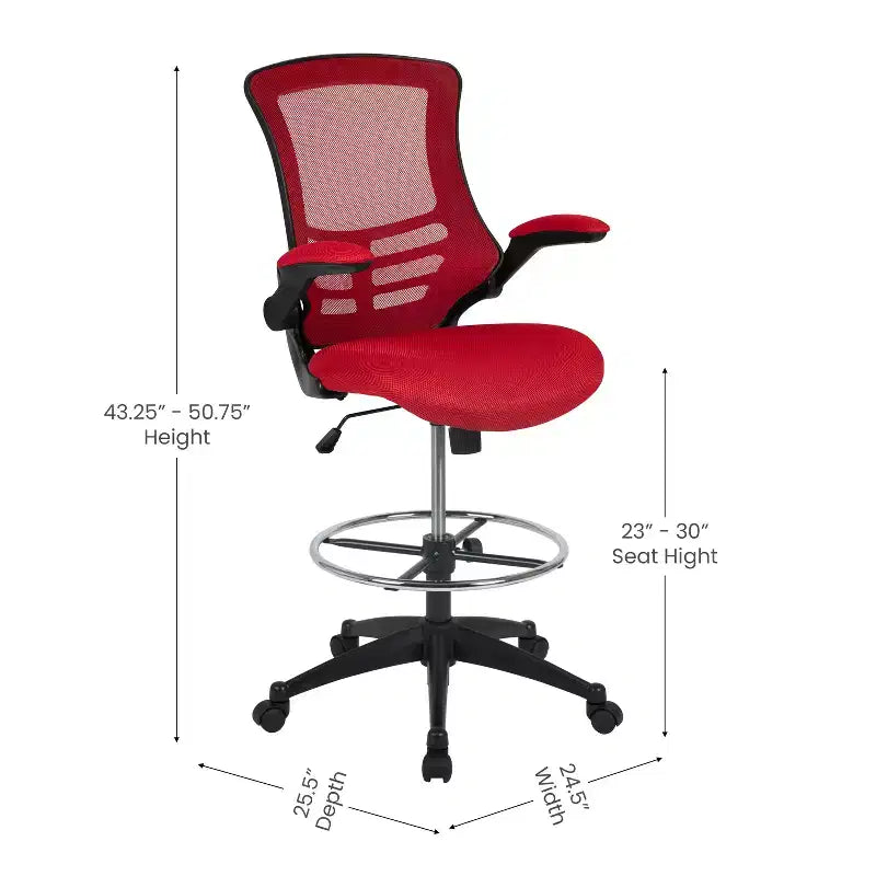 Sedia ergonomica da disegno con schienale medio in rete/Leathersoft, anello poggiapiedi e braccioli ribaltabili, Nero/Blu/Grigio/Rosso/Bianco, 1 posto