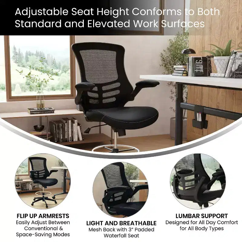 Sedia ergonomica da disegno con schienale medio in rete/Leathersoft, anello poggiapiedi e braccioli ribaltabili, Nero/Blu/Grigio/Rosso/Bianco, 1 posto