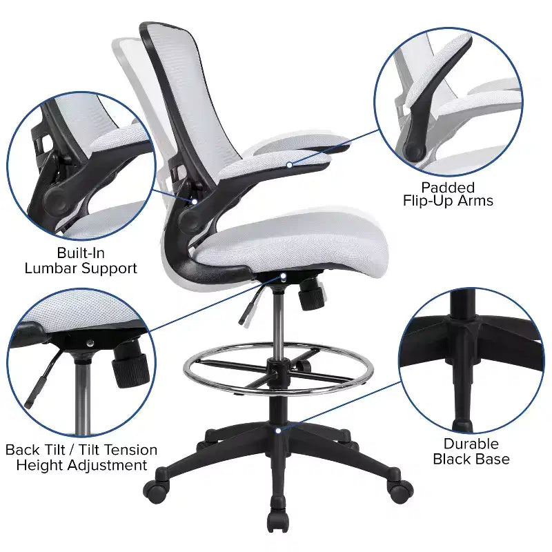 Sedia ergonomica da disegno con schienale medio in rete/Leathersoft, anello poggiapiedi e braccioli ribaltabili, Nero/Blu/Grigio/Rosso/Bianco, 1 posto