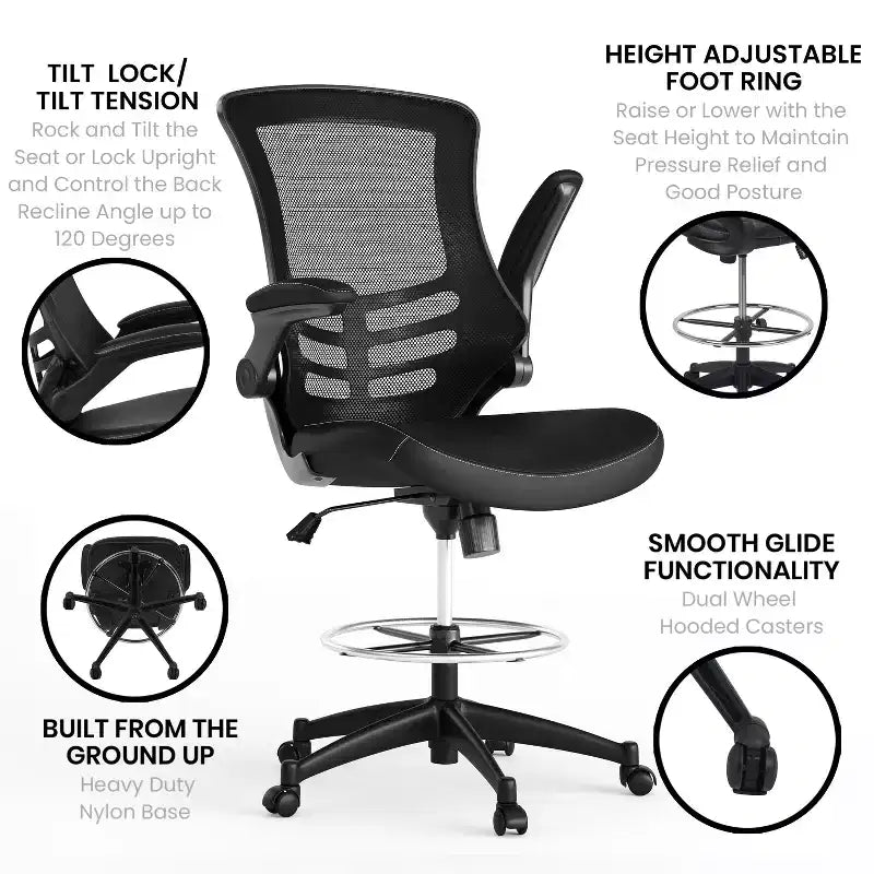 Sedia ergonomica da disegno con schienale medio in rete/Leathersoft, anello poggiapiedi e braccioli ribaltabili, Nero/Blu/Grigio/Rosso/Bianco, 1 posto