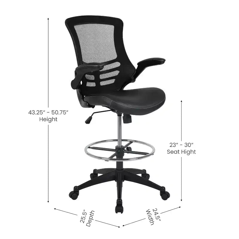 Sedia ergonomica da disegno con schienale medio in rete/Leathersoft, anello poggiapiedi e braccioli ribaltabili, Nero/Blu/Grigio/Rosso/Bianco, 1 posto