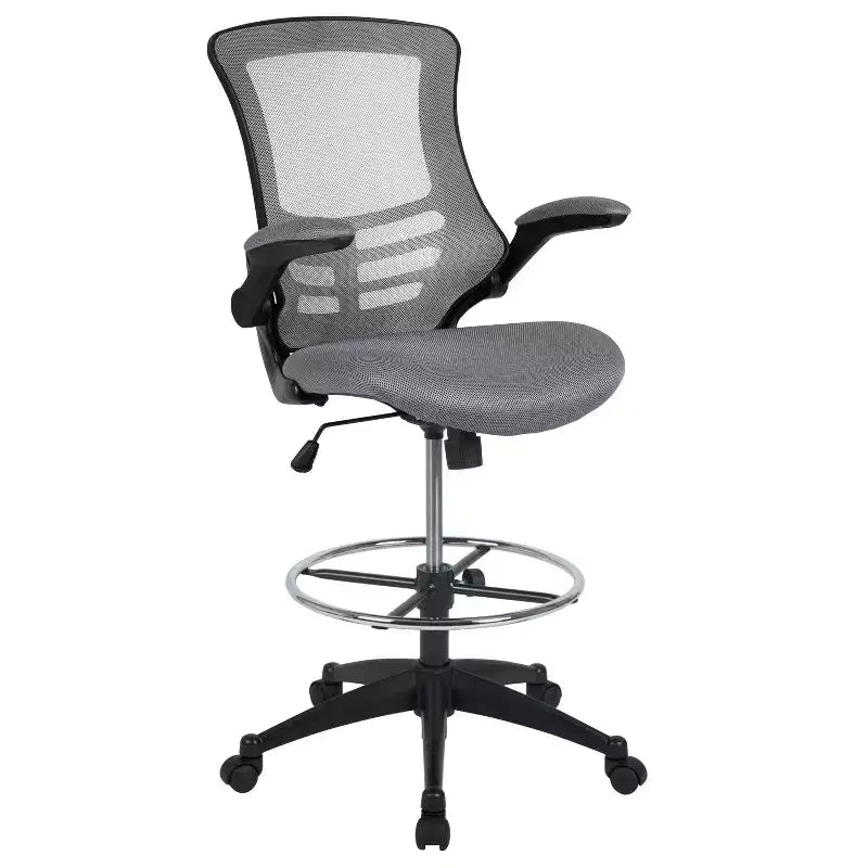 Sedia ergonomica da disegno con schienale medio in rete/Leathersoft, anello poggiapiedi e braccioli ribaltabili, Nero/Blu/Grigio/Rosso/Bianco, 1 posto