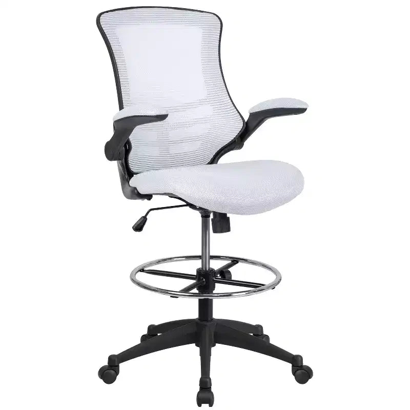 Sedia ergonomica da disegno con schienale medio in rete/Leathersoft, anello poggiapiedi e braccioli ribaltabili, Nero/Blu/Grigio/Rosso/Bianco, 1 posto