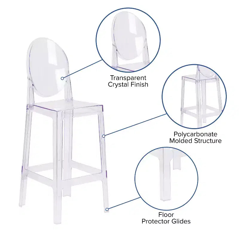 Sgabello Ghost con schienale ovale, Cristallo Trasparente, 1 posto