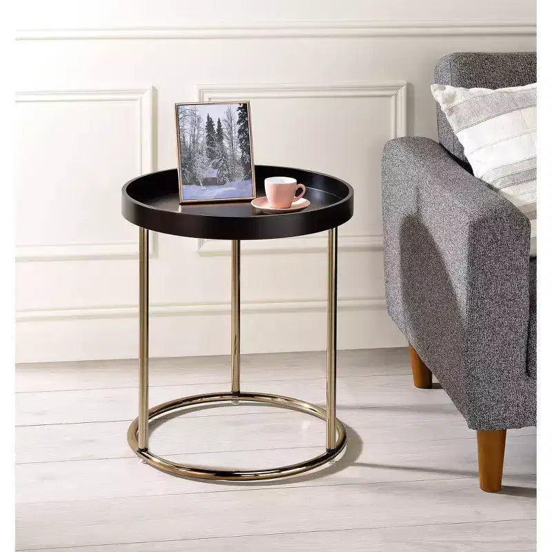 Tavolino d'appoggio rotondo con bordo rialzato, stile Mid-Century, Espresso/Bianco, 1 pezzo