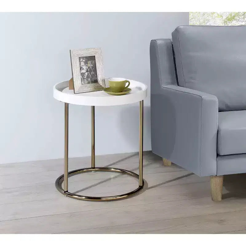 Tavolino d'appoggio rotondo con bordo rialzato, stile Mid-Century, Espresso/Bianco, 1 pezzo