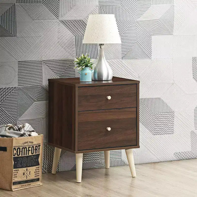 Comodino a 2 cassetti con gambe in gomma, in rovere/noce, 1 o 2 pz.